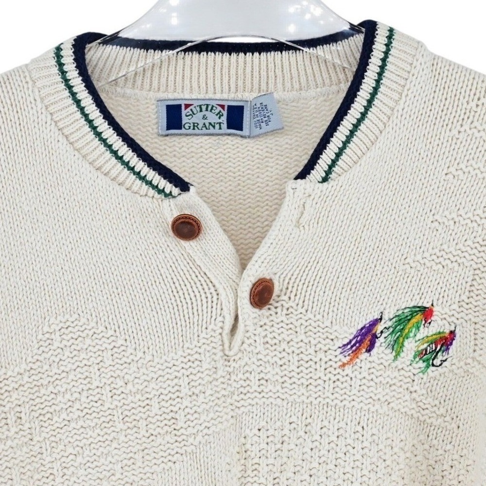 VTG 90s Sutter & Grant Knit Fly Fisherman Core Embroidered 100% Cotton Sweater